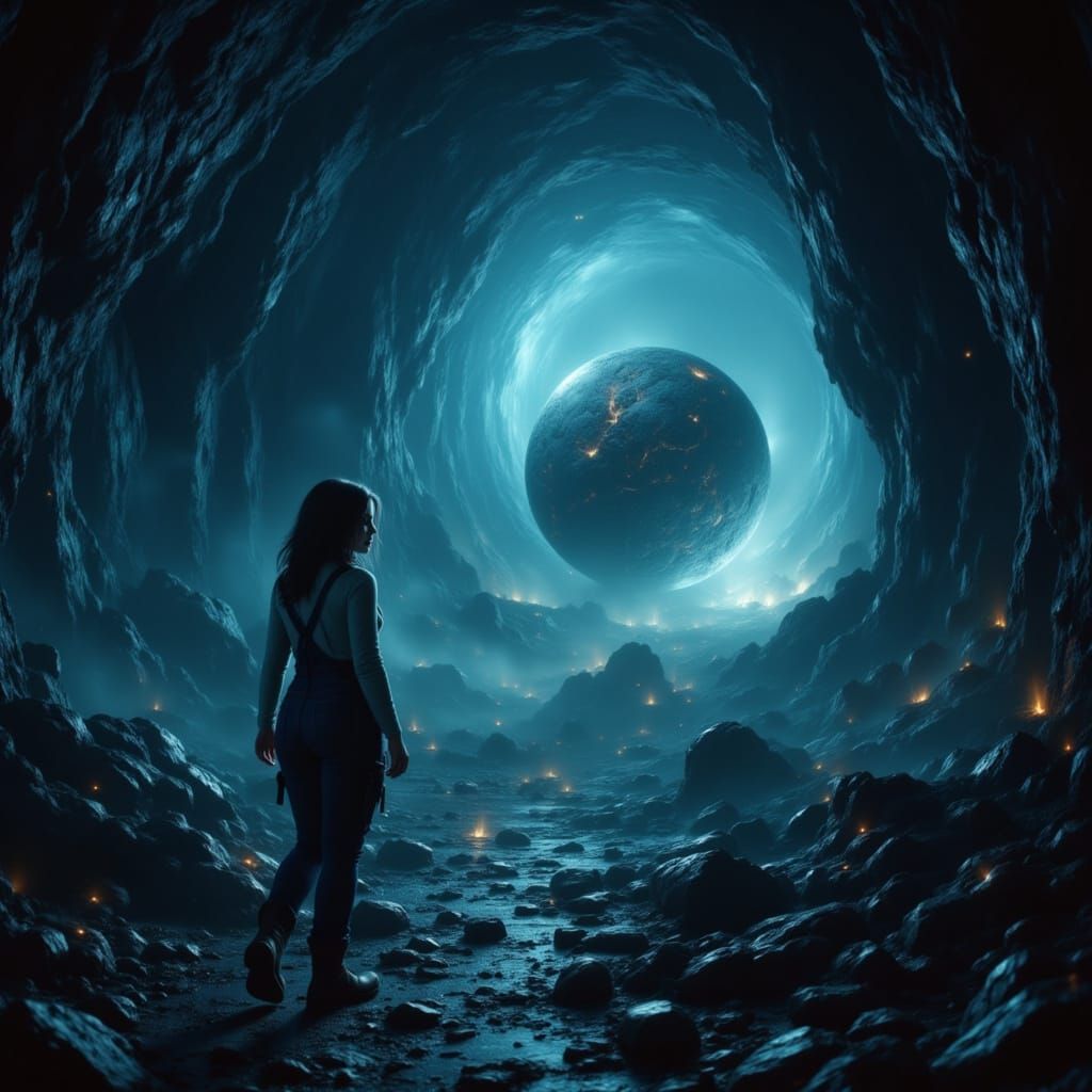 Woman Explores Glowing Cave in Cinematic Film Still