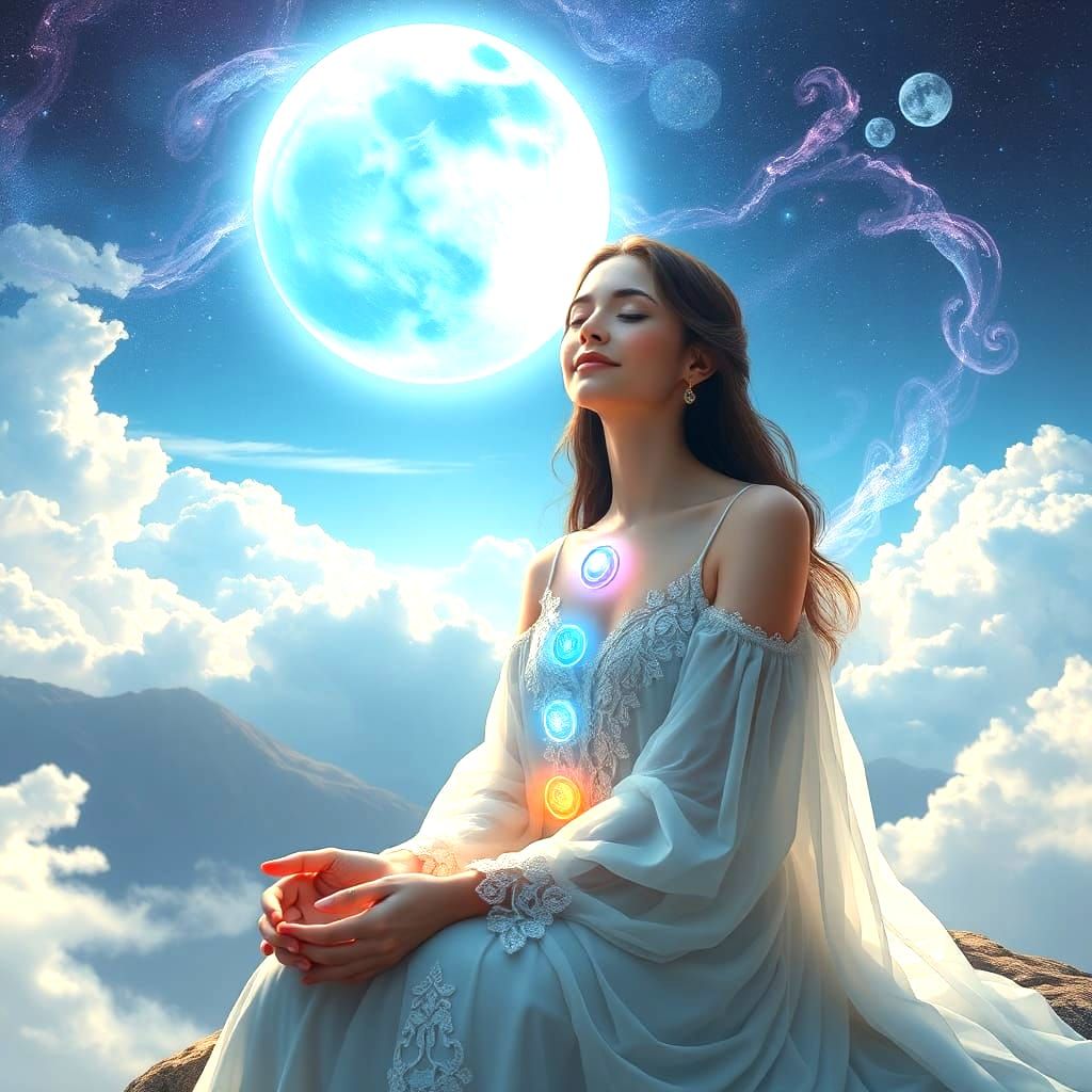 Dreamy Woman with Chakras, Moon, and Galaxy