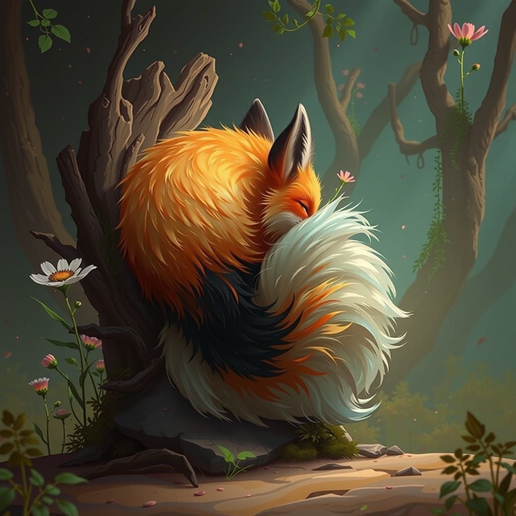Vibrant Whimsical Fox in Dreamlike Forest Scene