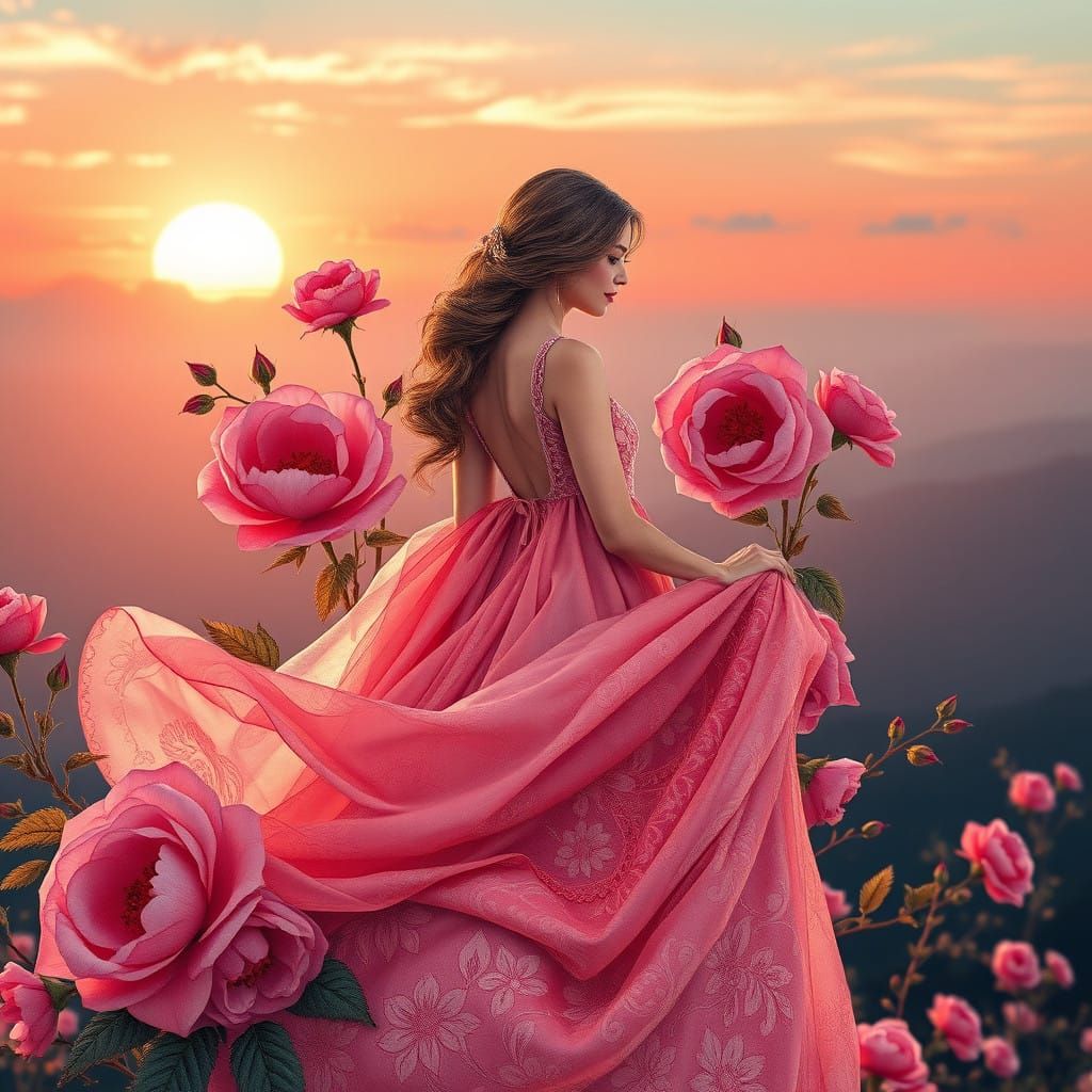 Elegant Woman Amidst Vibrant Pale Roses in Sunset Glow