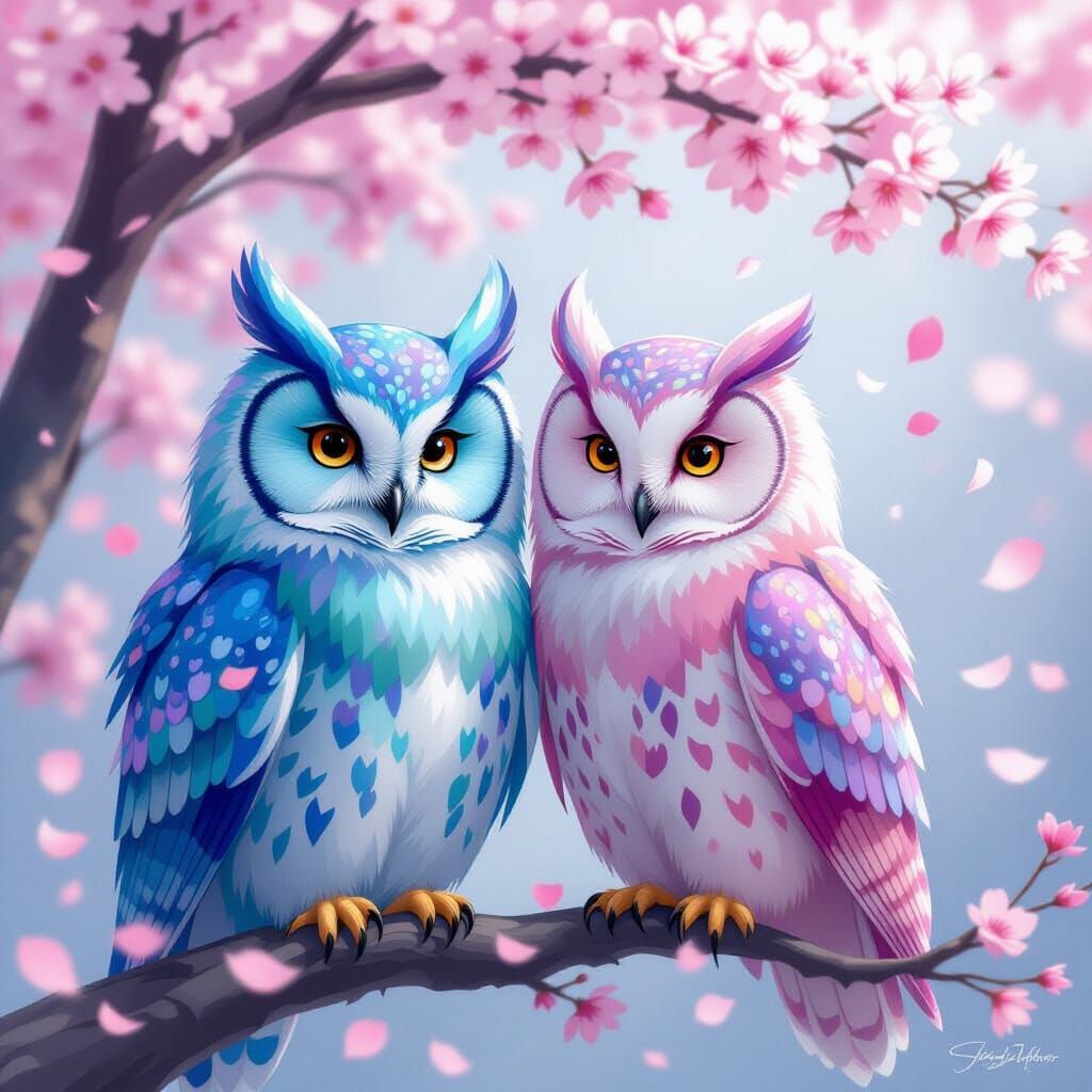 Majestic Owls Amidst Blooming Cherry Blossoms