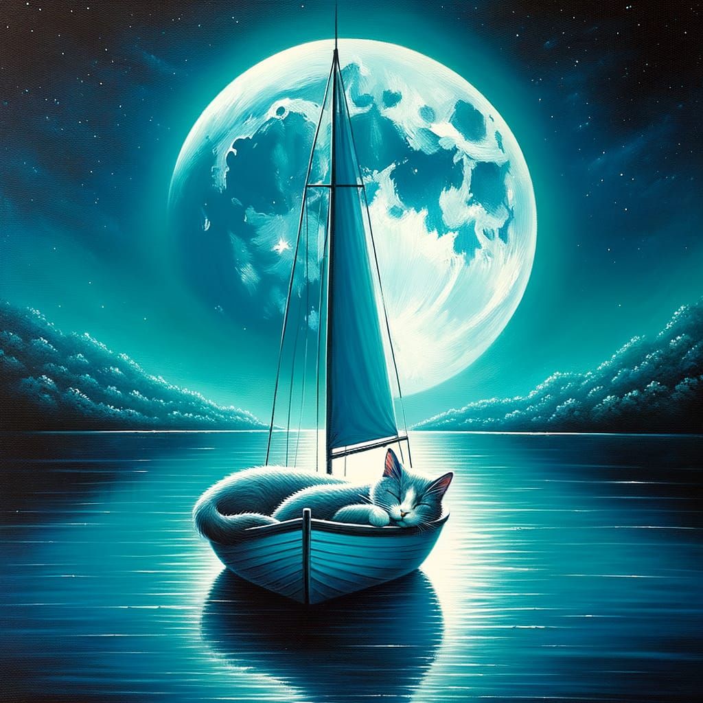 Tranquil Nighttime Scene with Sleeping Cat and Sailboat