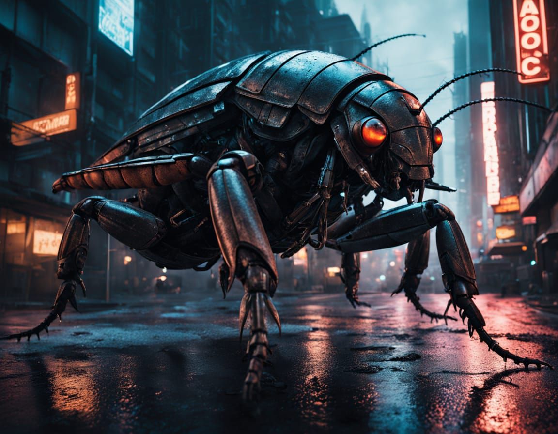 Giant Robot Cockroach Attacks City: Dystopian Concept Art