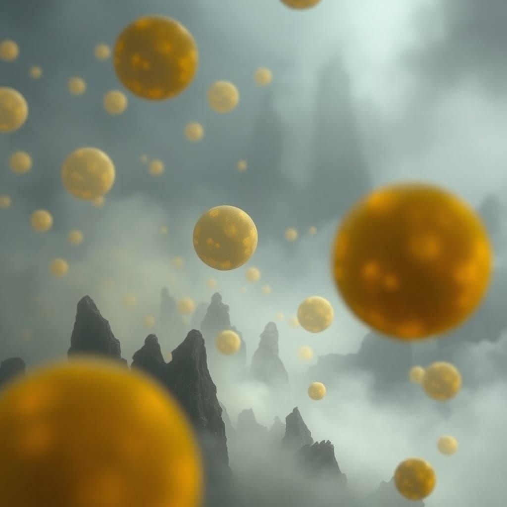 Mysterious Yellow Spheres in Misty Rocky Landscape