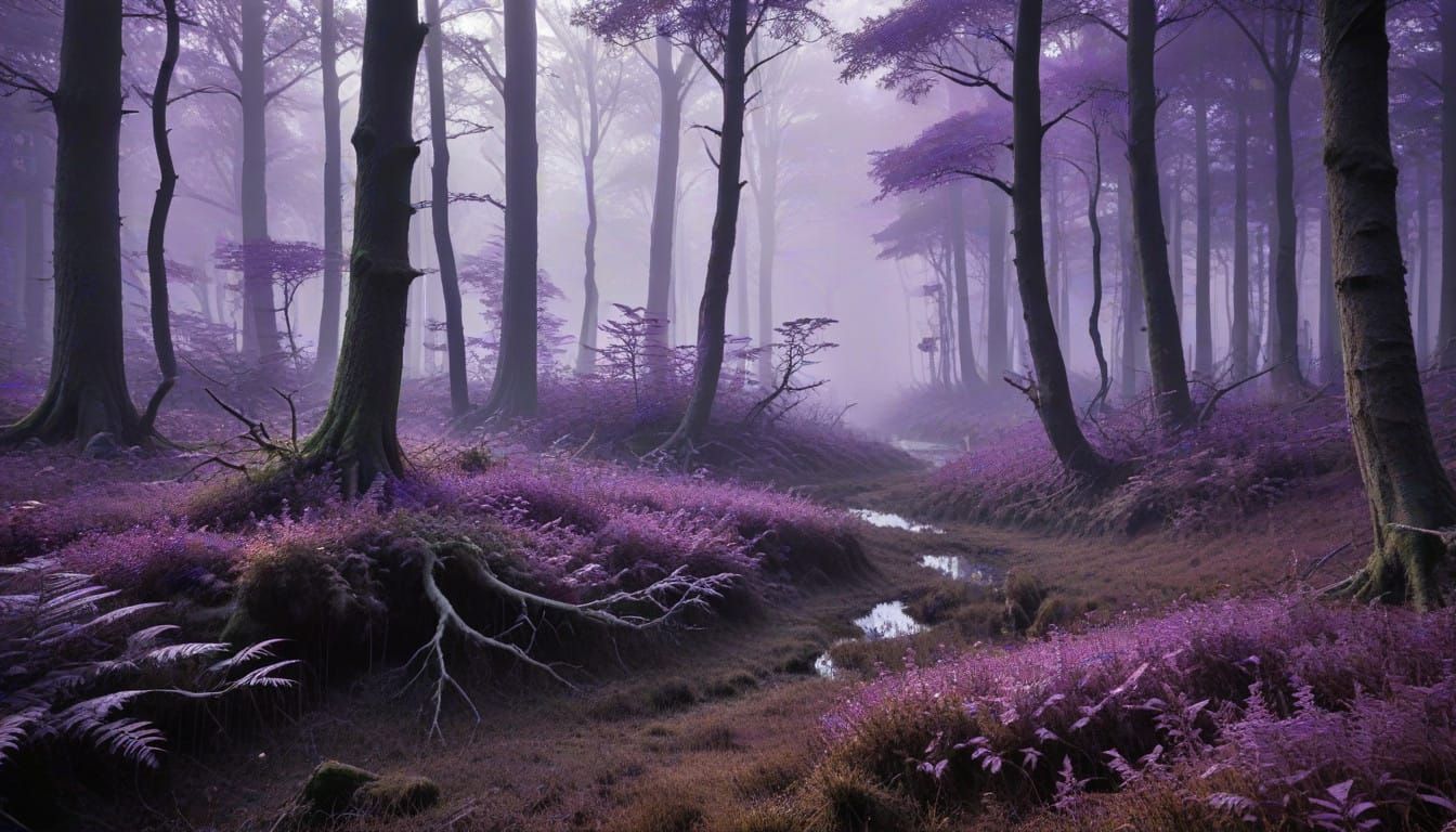 Mystical Purple Forest in the Fog