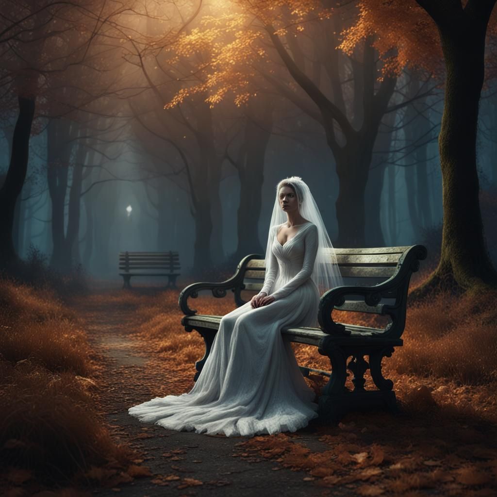 Spooky Ghost Bride in Abandoned Forest at Night