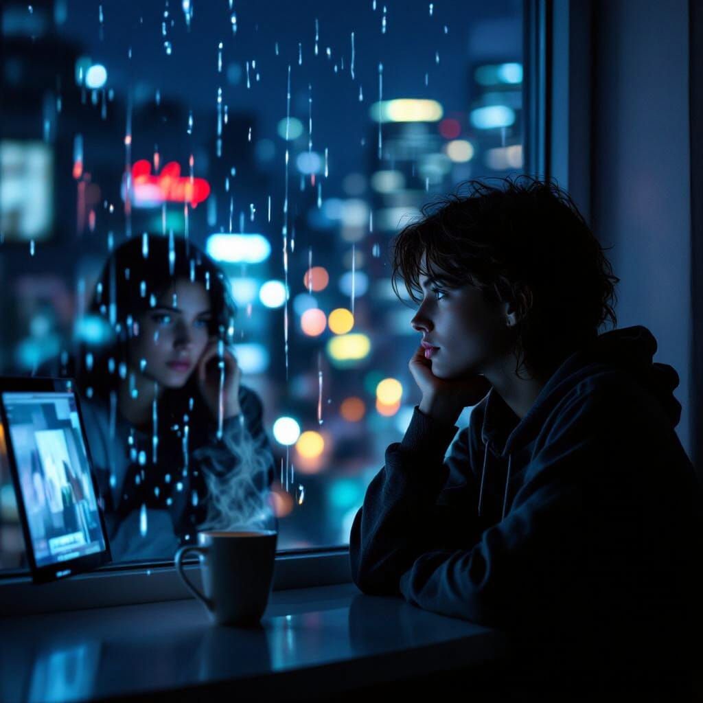 Cinematic Photo of Lonely Person Reflecting in Window