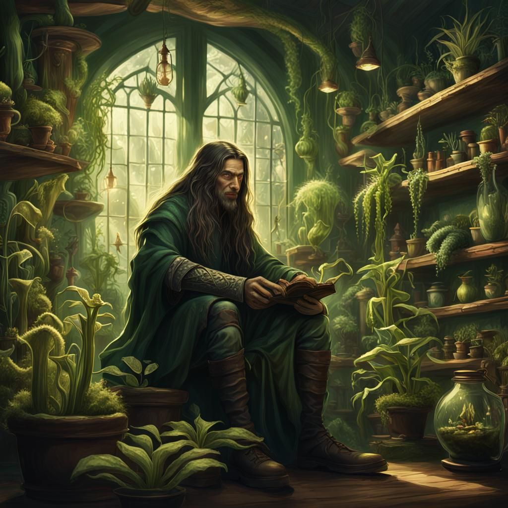 Wizard in Cozy Room Surrounded by Carnivorous Plants