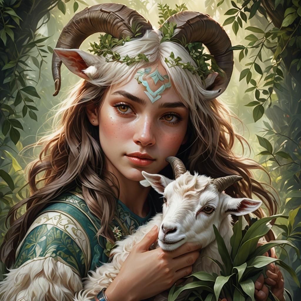 Girl with Goat Portrait in Art Nouveau Style