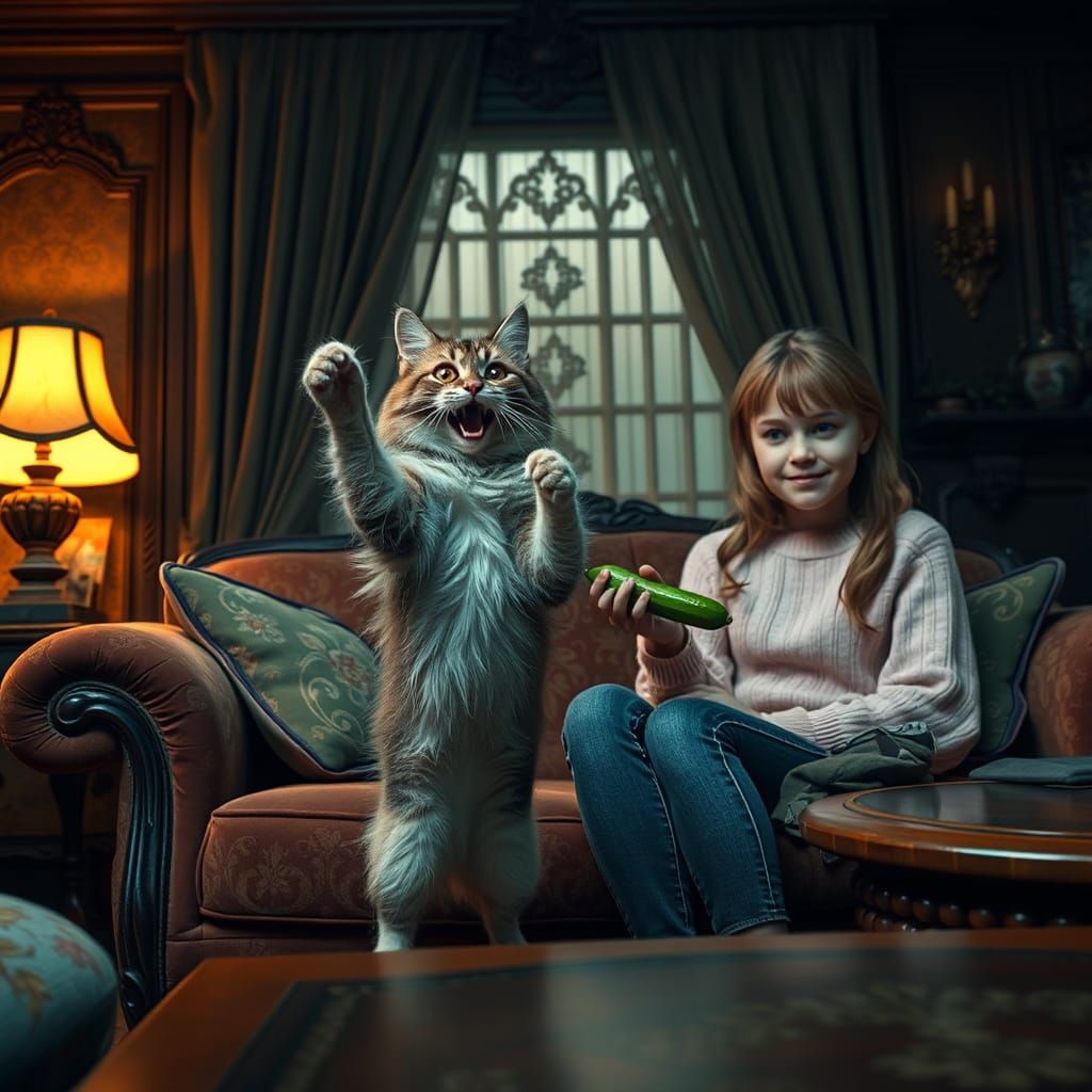 Cat's Cucumber Scare: A Surreal Matte Painting