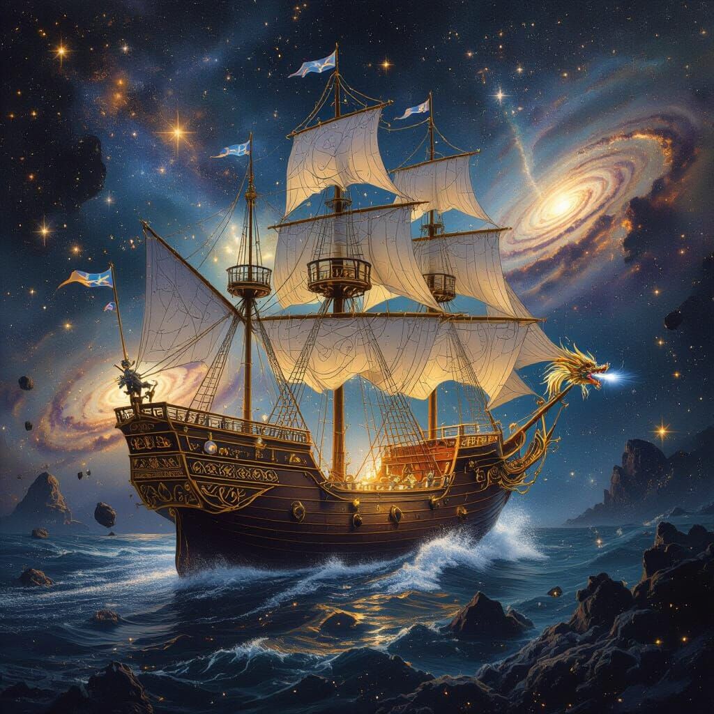 Crystal Galleon Sailing Through Cosmos in Victorian Style