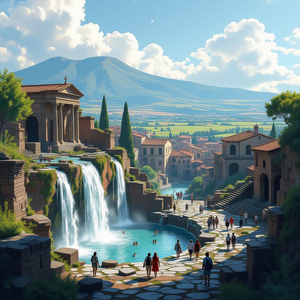 Pompeii Ruins on Verdant Plain with Waterfall