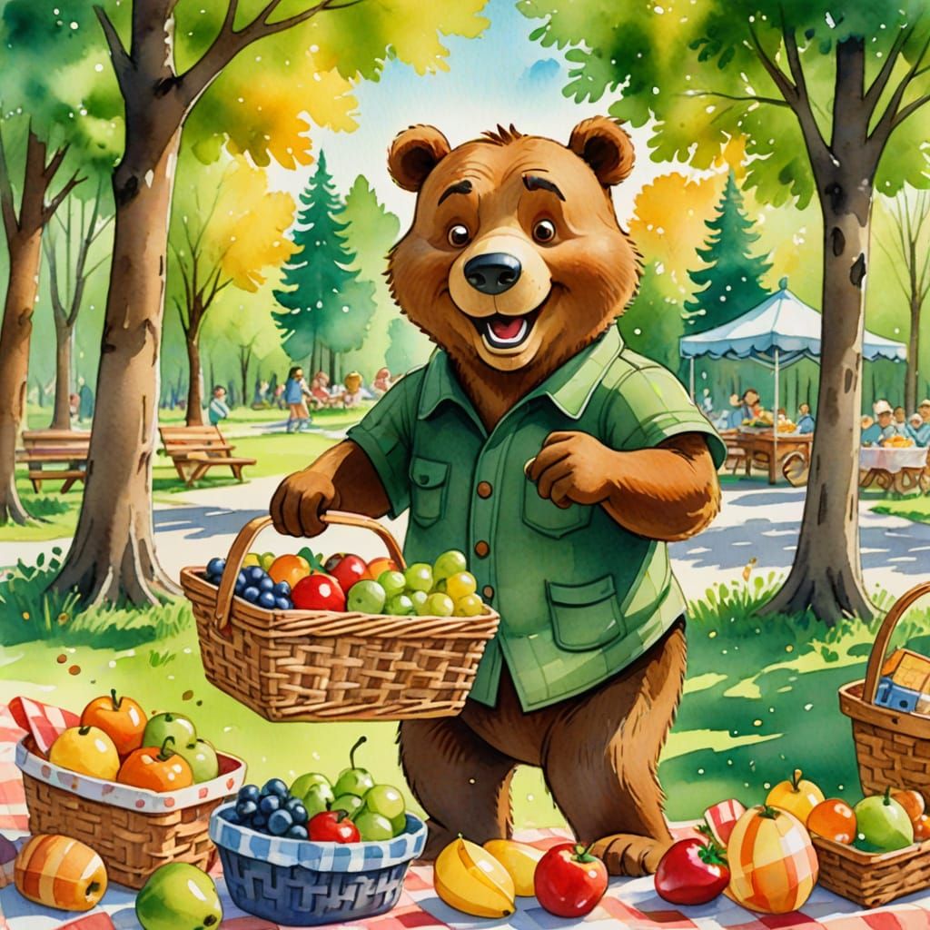 Whimsical Watercolor Cartoon of Yogi Bear Stealing a Picnic ...