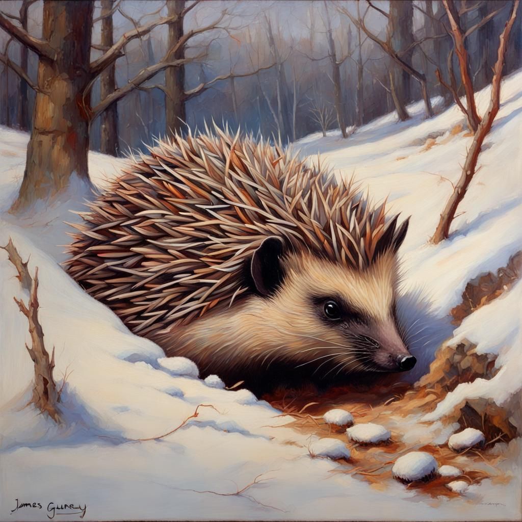 Hedgehog Hibernation: A Winter Burrow Oil Painting