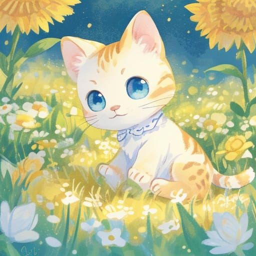 Adorable Spotted Kitty With Blue Eyes in Flower Adventure