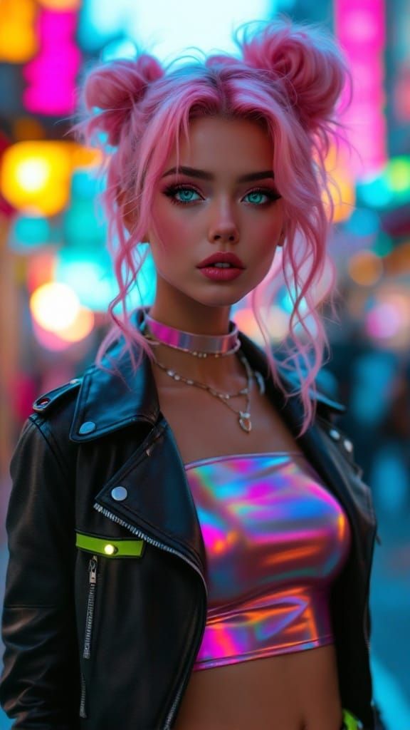 Cyberpunk Woman with Neon Accents and Pink Hair