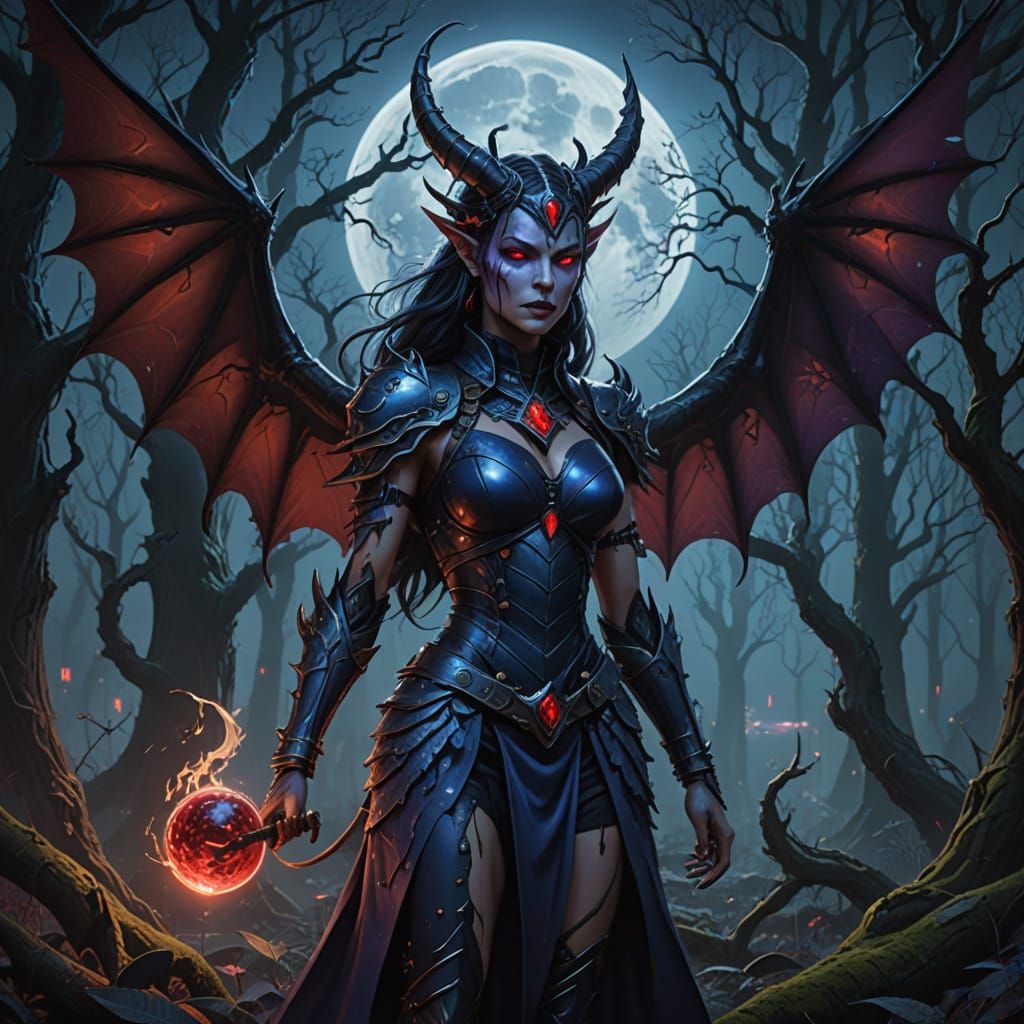 Devil Woman in Moonlit Forest: Matte Painting