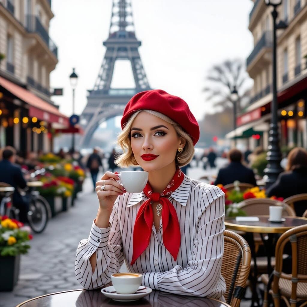 Parisian Woman at Cafe with Eiffel Tower View
