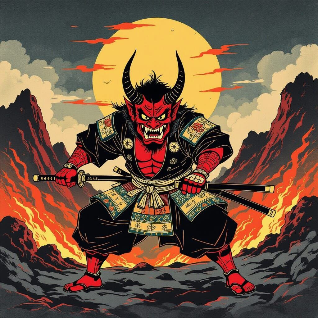 Fearsome Oni Wielding Kanabō in Volcanic Landscape