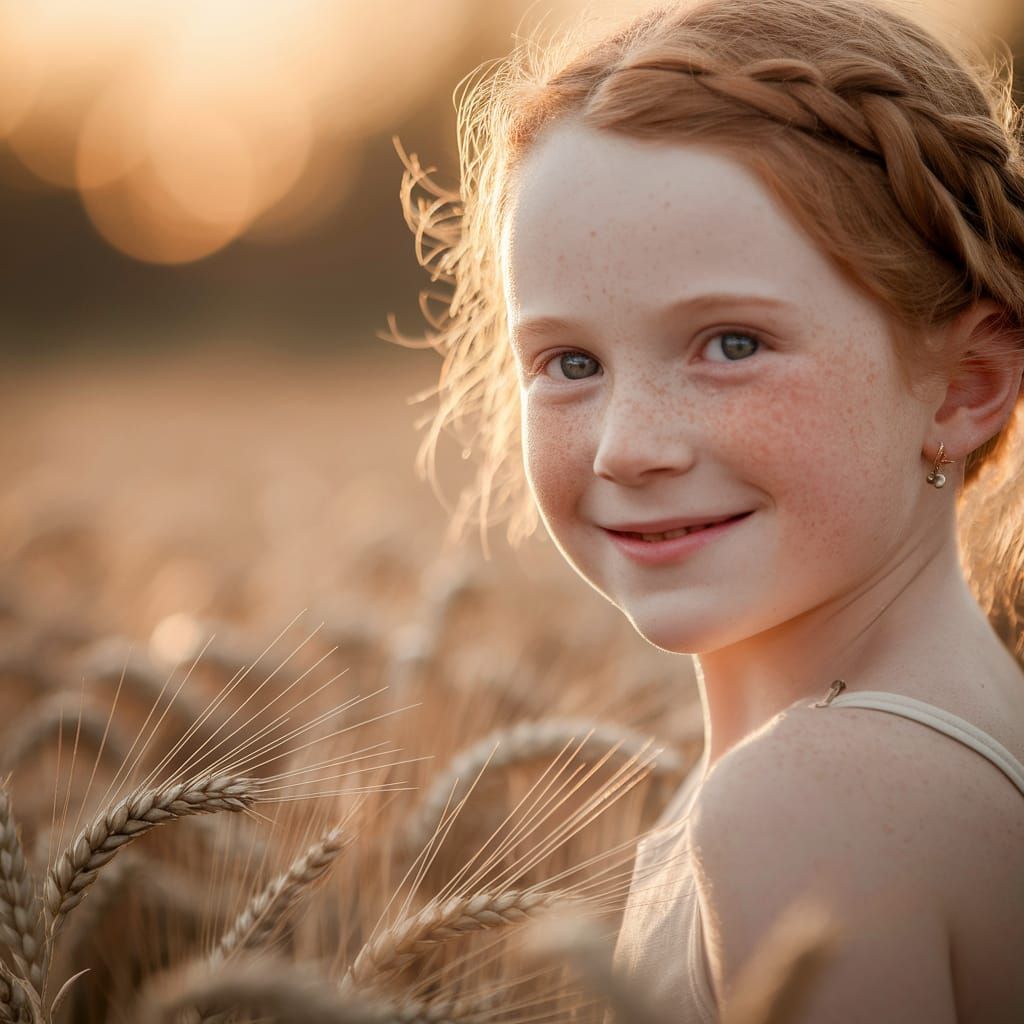 Smiling Girl Portrait in Golden Wheat Field