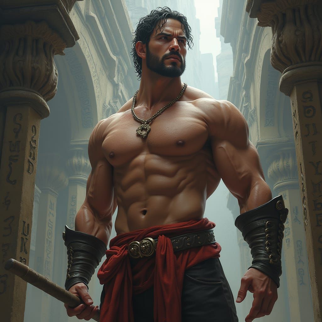 Heroic Warrior with Chiseled Physique in Mystical Realm
