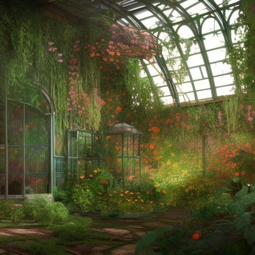 Overgrown Greenhouse Interior with Exotic Plants