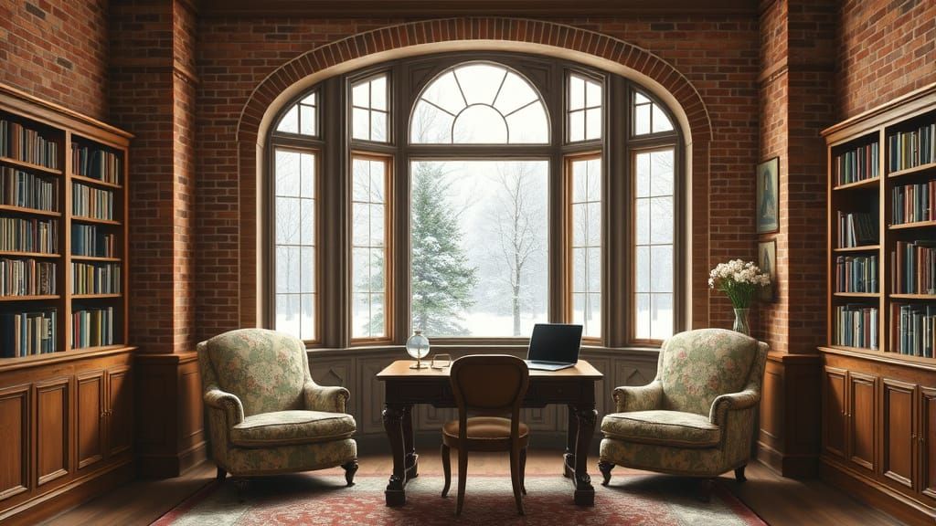 Cozy Victorian Library with Snowscape View