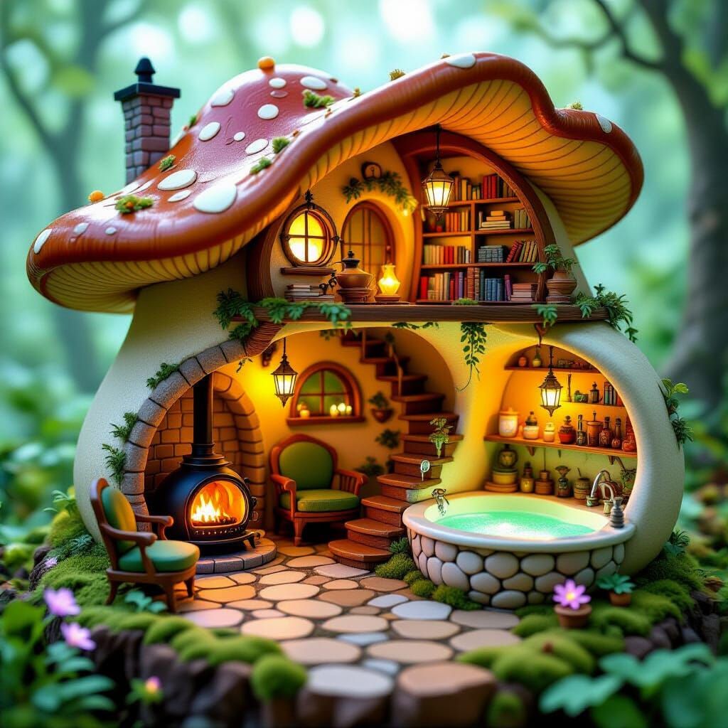 Mushroom House Cross-Section: Cozy Fantasy Interior