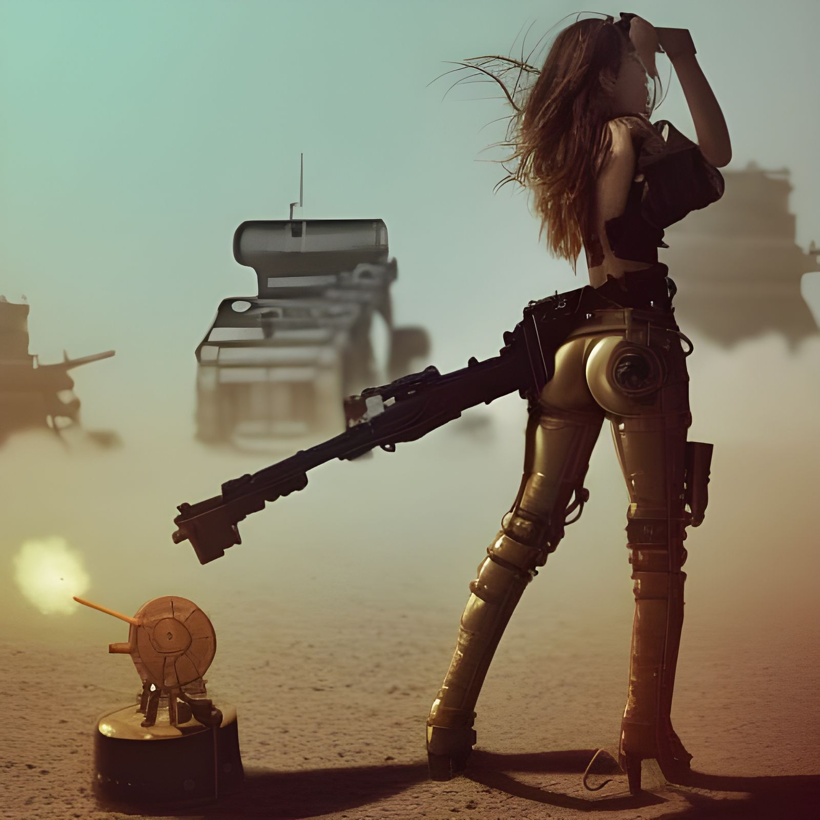 Steampunk Girl vs Giant Robot in Hyperrealism