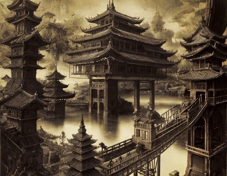 Surreal Pagoda with Drawbridges: Dark Intricate Art