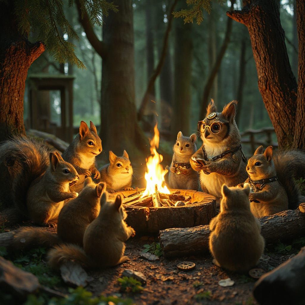 Steampunk Animals Gather 'Round Campfire in Enchanted Forest
