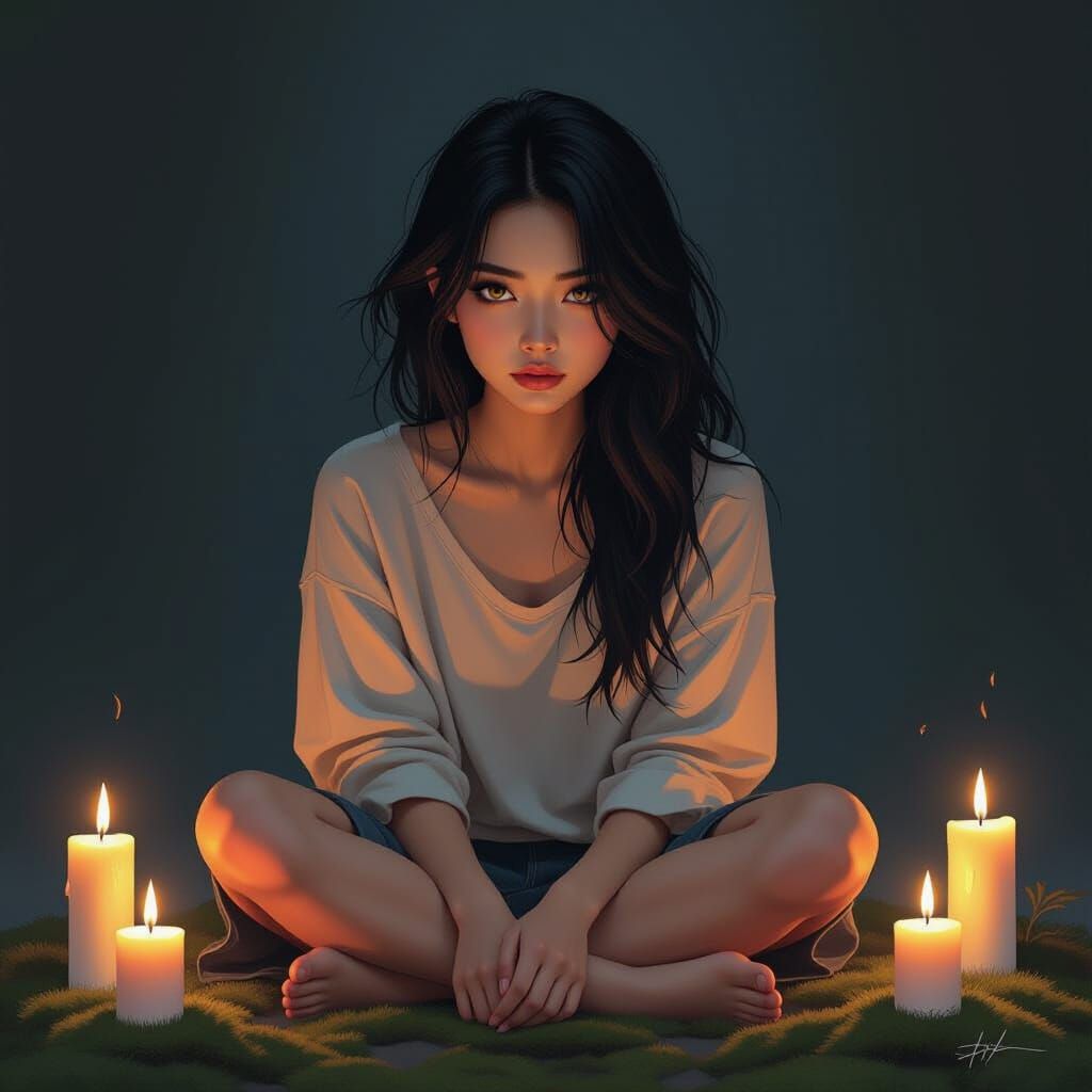 Sad Asian Woman in Candlelight: James Jean Style