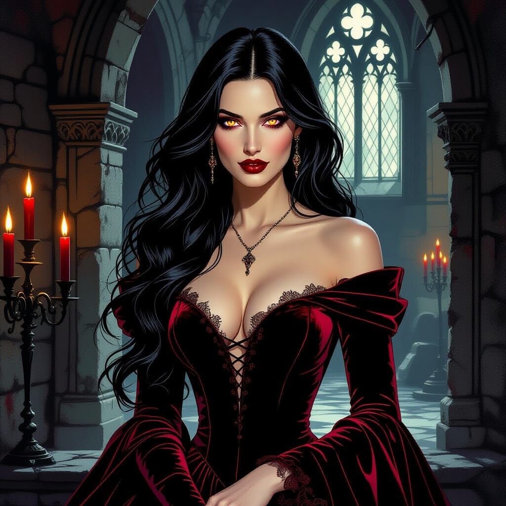 Alluring Vampire Woman in Crimson Gown in Castle