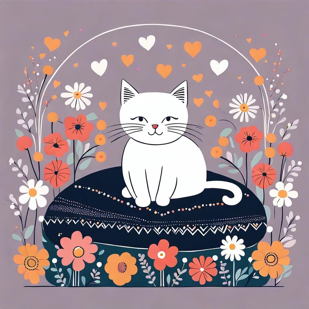Cute Cat on Pillow with Flowers, in Cartoon Style