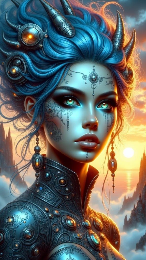 Cyberpunk Alien: Ethereal Being with Vibrant Blue Locks and....