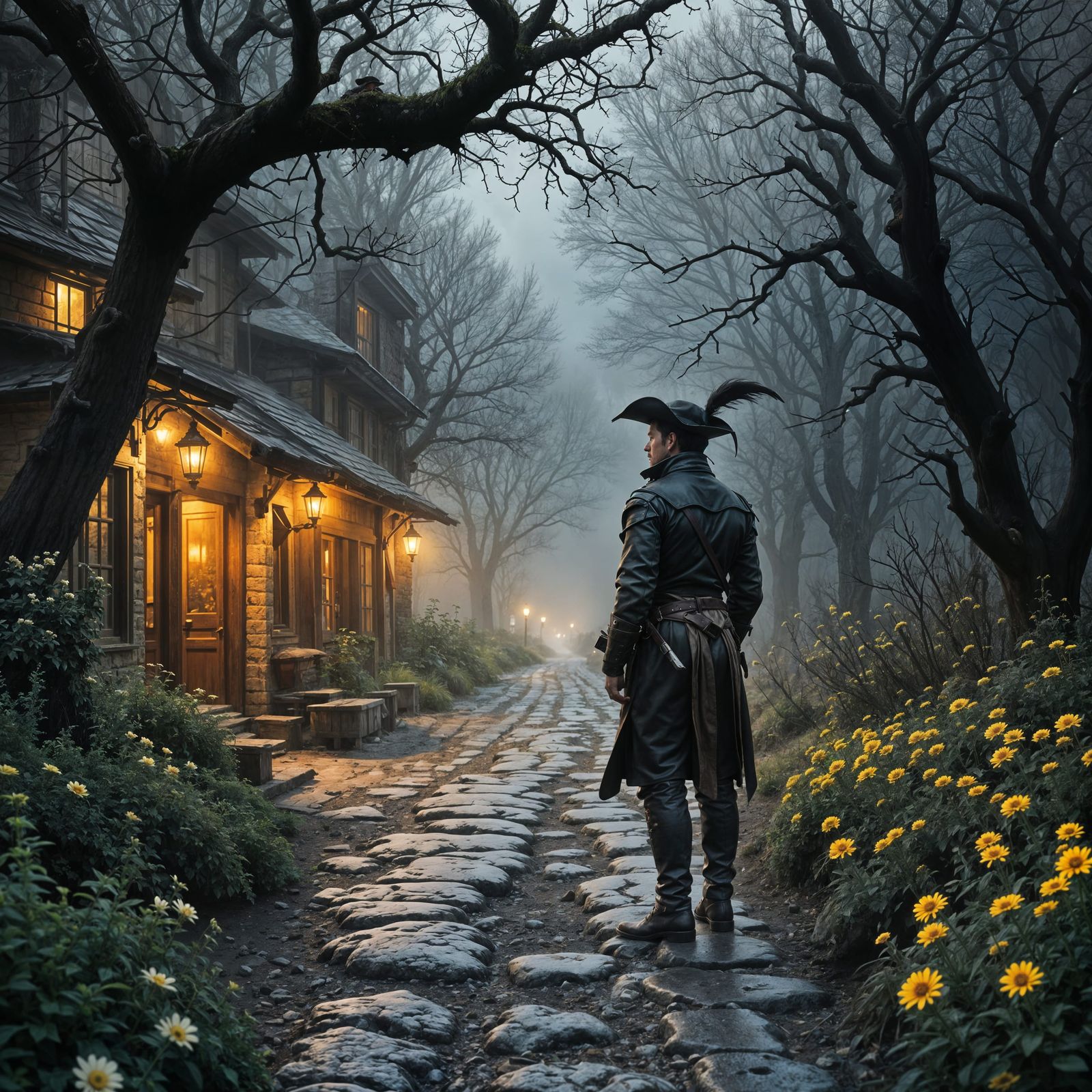 Musketeer Watches Roadside Tavern in Mystical Twilight