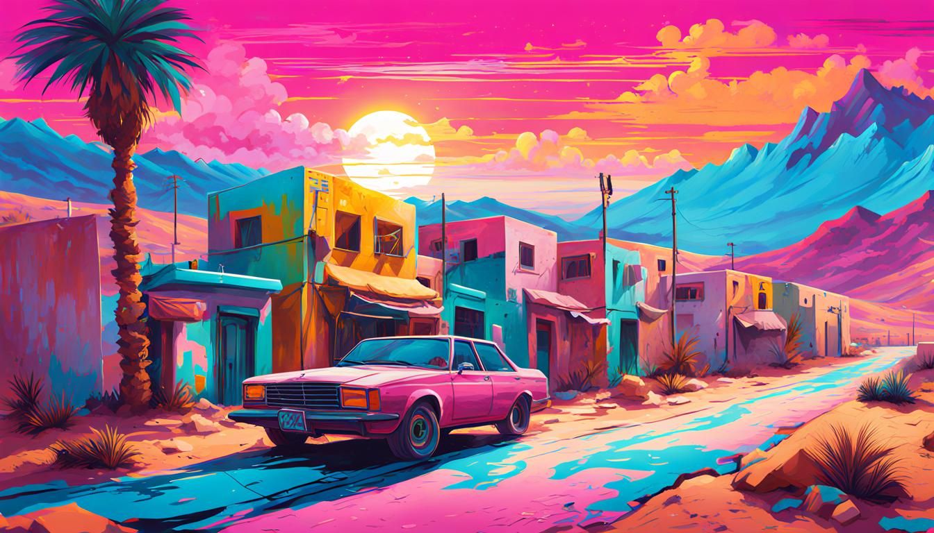 Arabic Desert Town in Winter: Vaporwave Graffiti Art