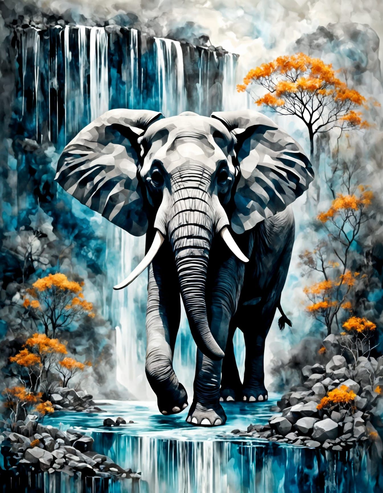 dynamic composition and dramatic lighting with an elephant, surreal and abstract architecturally - double exposure water...