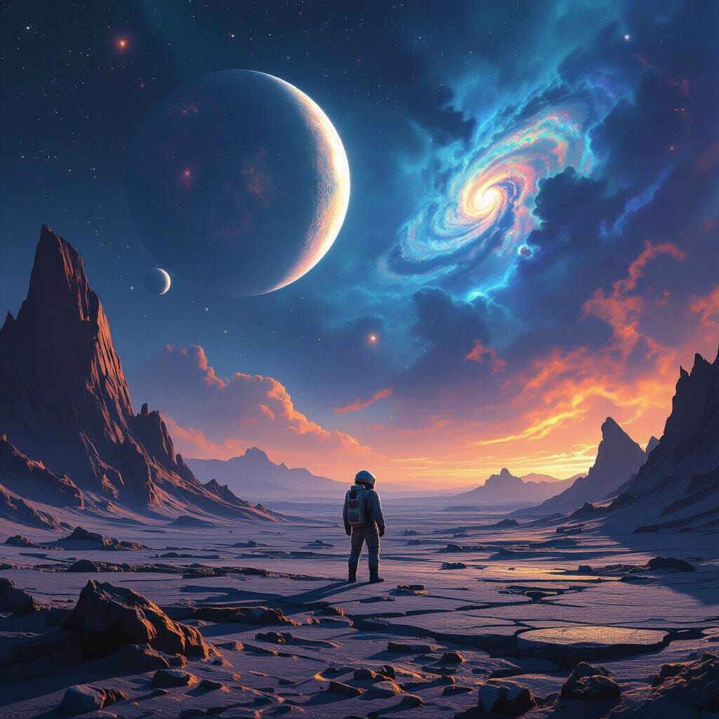 Astronaut on Alien Planet Gazing at Cosmic Sky