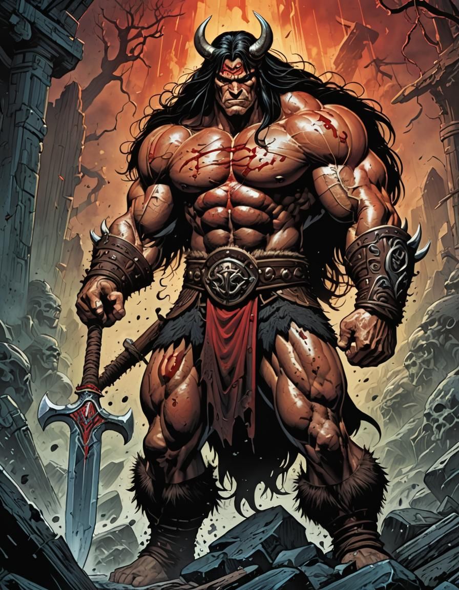 Barbarian conan. Mark Brooks and Dan Mumford, comic book art, perfect, smooth. Body covered in blood. Willing, hot, desi...
