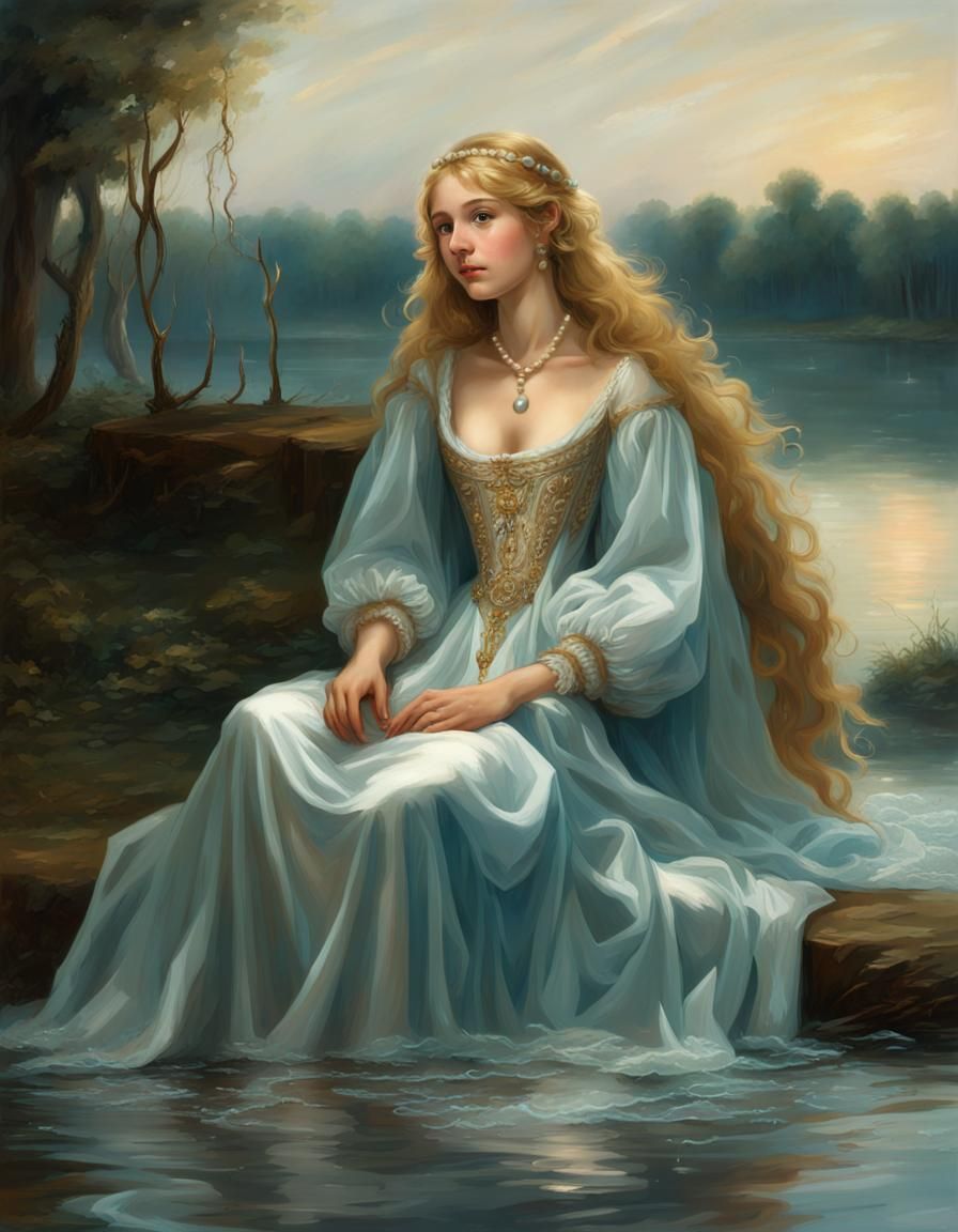 Renaissance Girl in Silver Gown with Pearl Embroidery