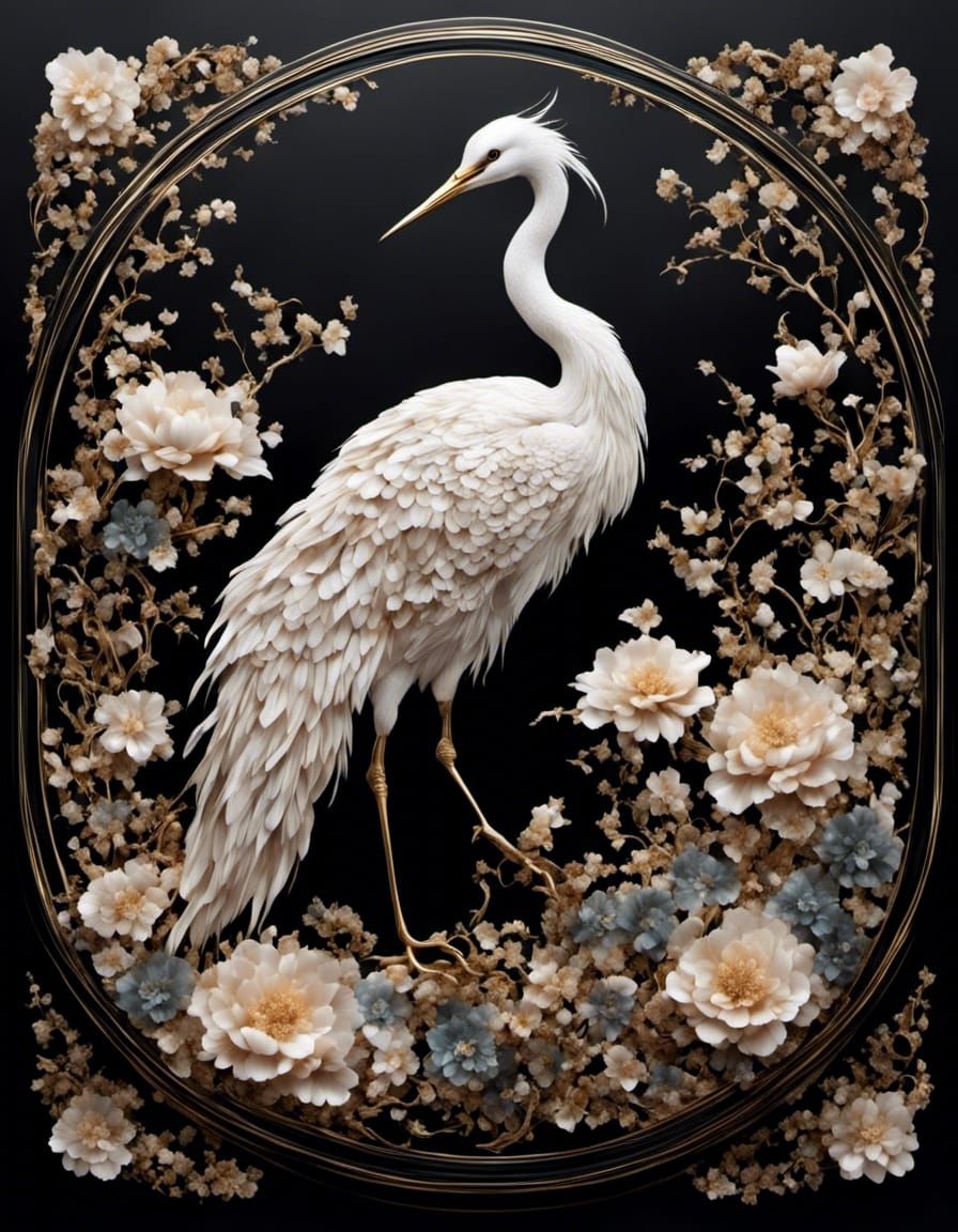 Crane and Flowers in Black Lacquer Style