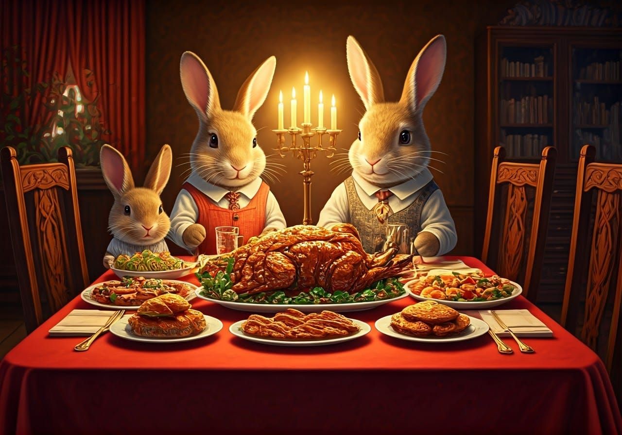 Rabbit Family's Thanksgiving Feast in Warm Dining Room