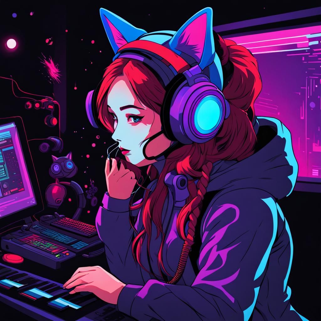 Girl with Gas Mask and Cat Headphones