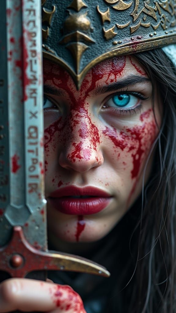 Battle-Worn Warrior Woman with Crimson War Paint