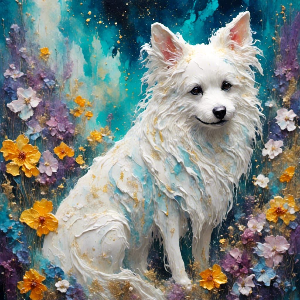 Fluffy Dog Among Snow Flowers: Digital Acrylic Art
