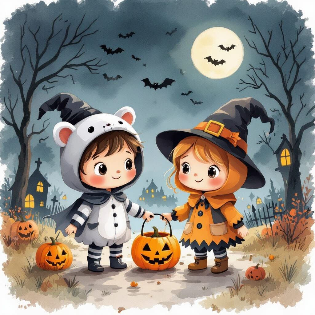 Cute Halloween Cartoon Kids in Costumes Trick-or-Treating