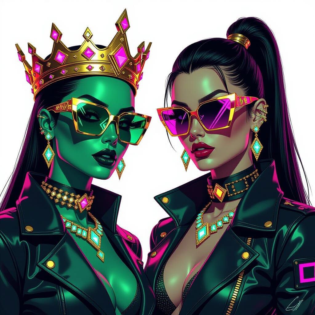 Cyberpunk Gem Beside 80s Woman in Sunglasses