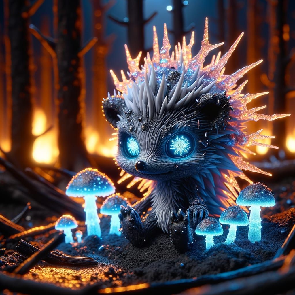 Undead Chibi Hedgehog in Fire-Ravaged Forest
