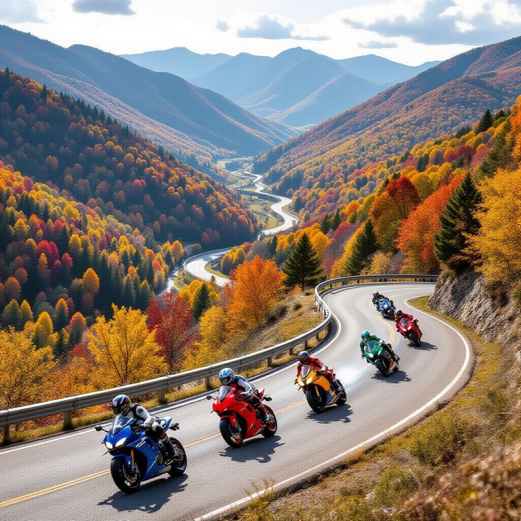 Sport Motorcycles Race Down Autumn Mountain Road